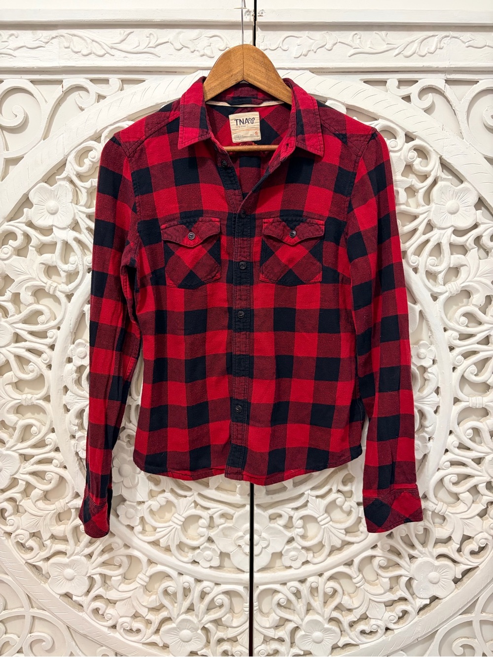 TNA Aritzia Red Black Buffalo Plaid Flannel Shirt Size S